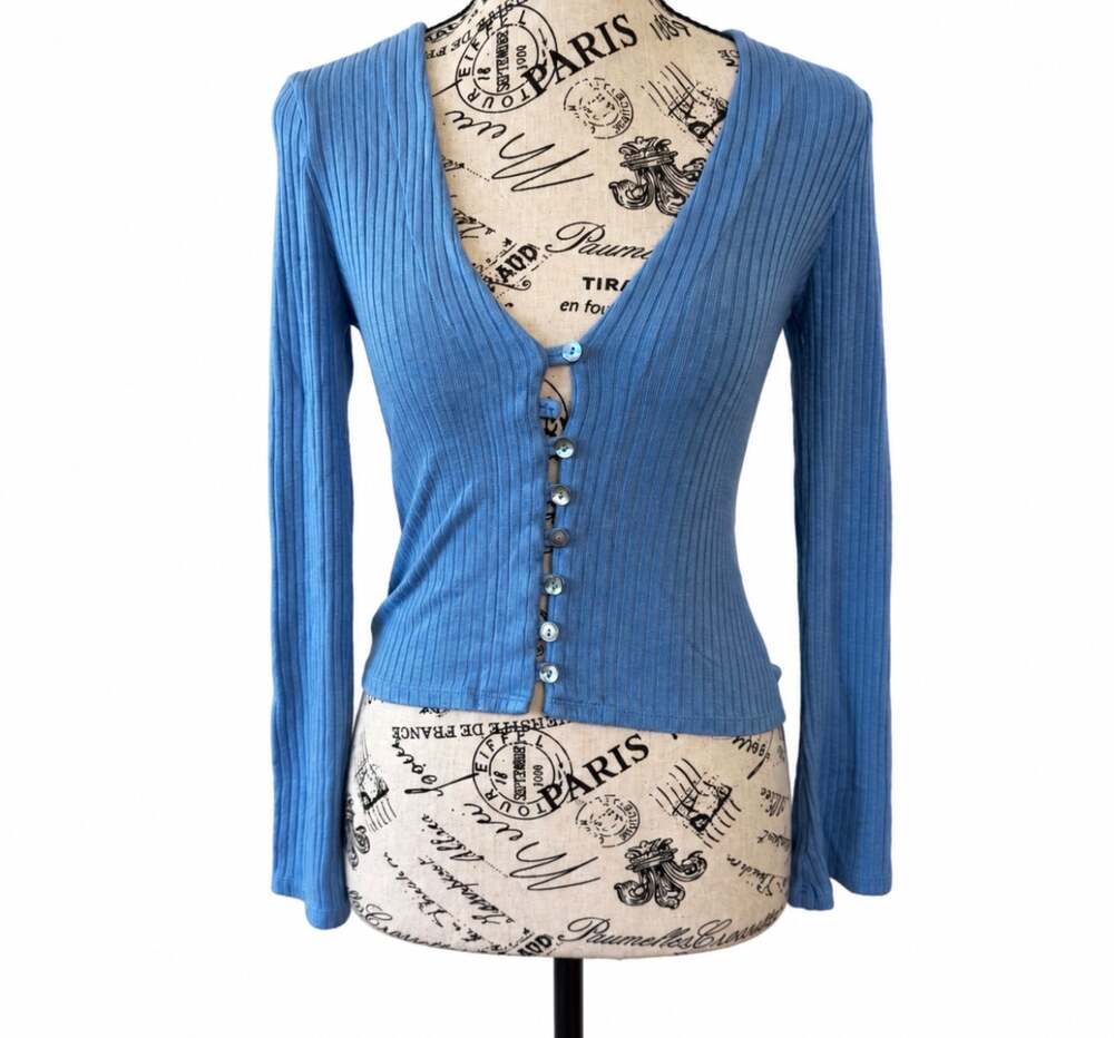 Reformation Blue Ribbed Button-Front Cardigan Top – Size S - Picture 1 of 9